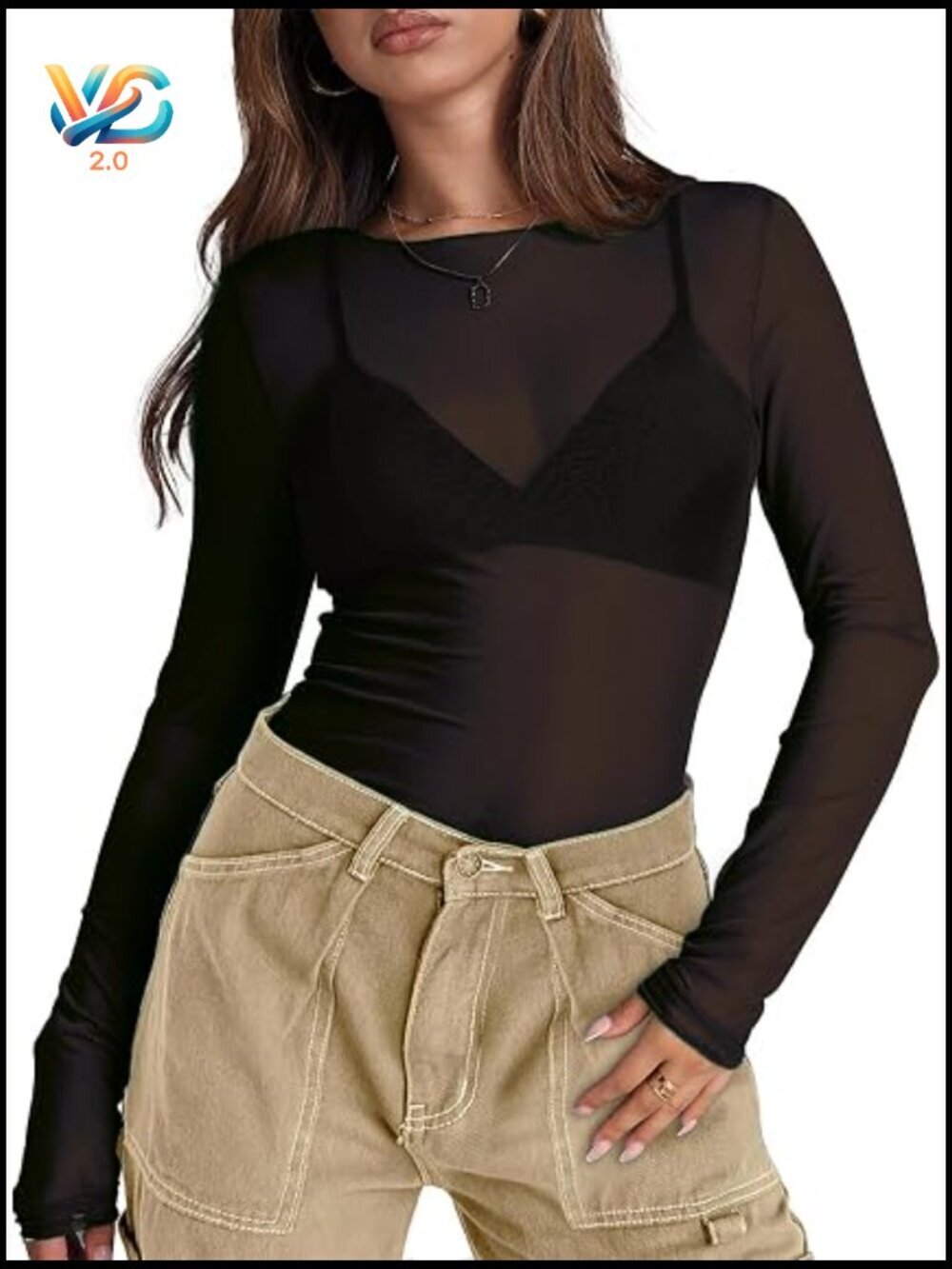 Sheer Mesh Long Sleeve Crew Neck Loose Fit Party Club Top Y2K Layered